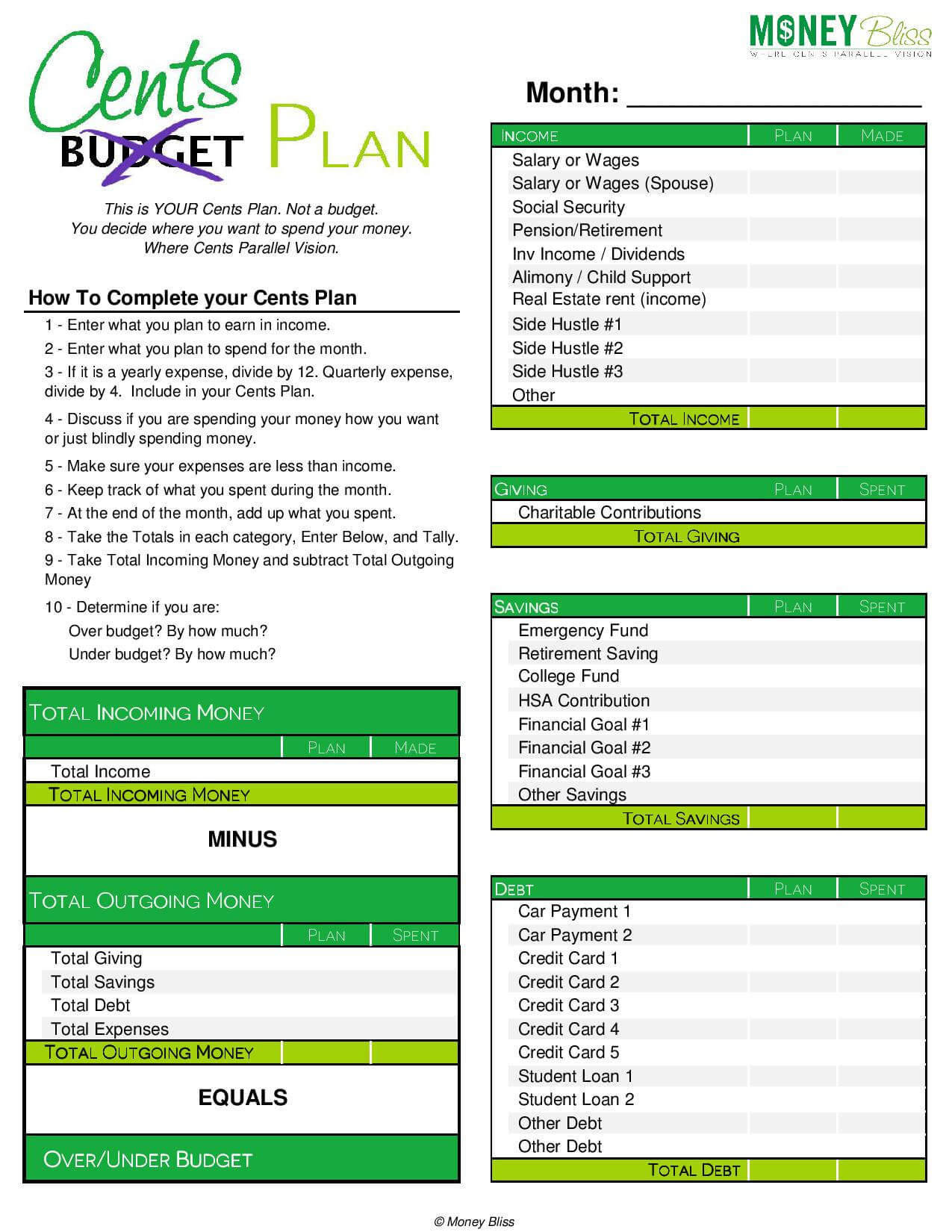 Cents Plan / Budget Worksheet – UPDATED
