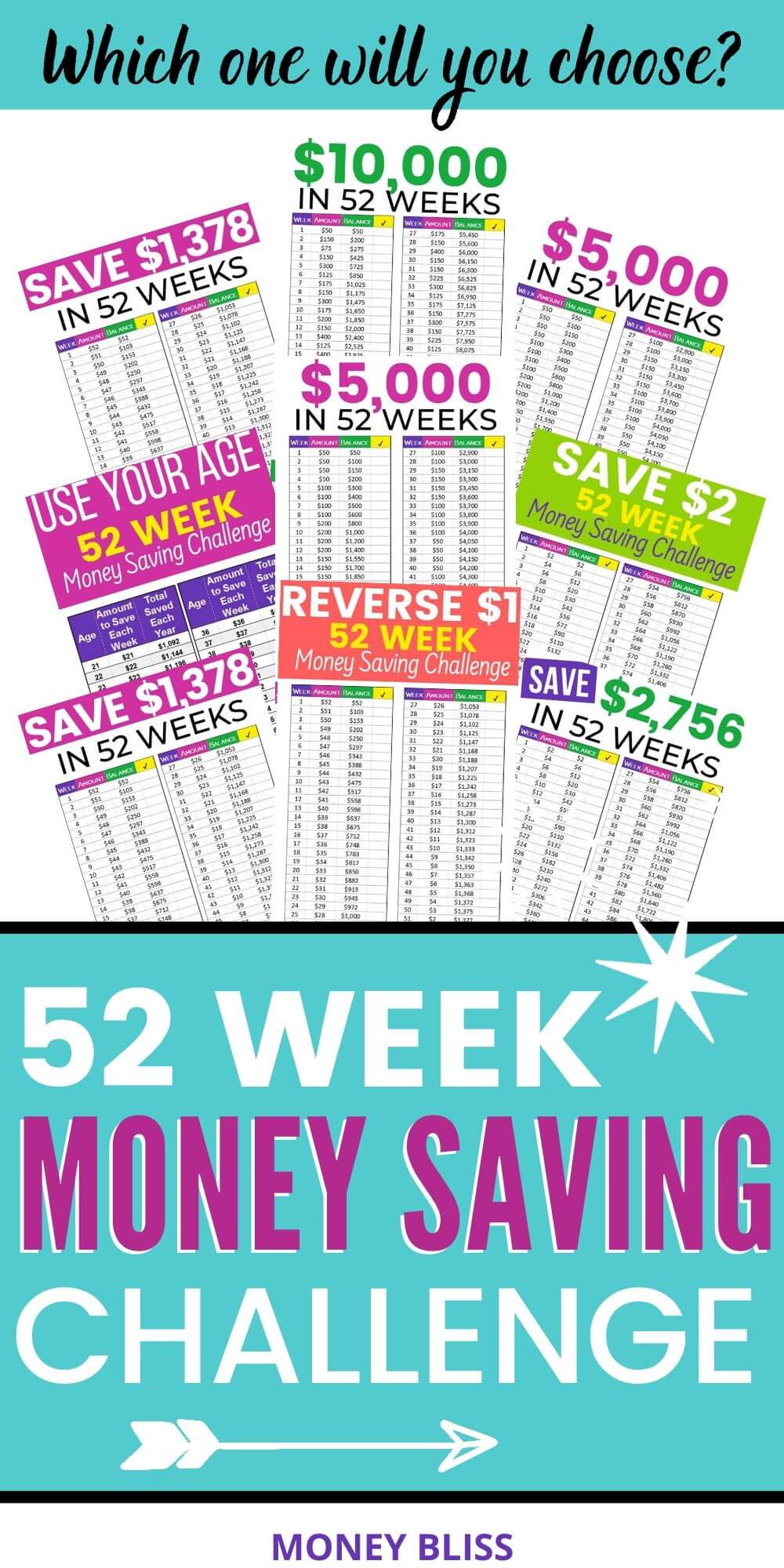 This 52 week money saving challenge is for you! Learn how to save $1000, $1378, $2000, $2756, $5000 or $10000 with weekly deposits. Pick the perfect money saving challenge to reach financial freedom at your pace with jars or aggressive. Follow one of these easy money saving plans! Get free templates and printables for all save money challenges. - Money Bliss #savemoney #challenge