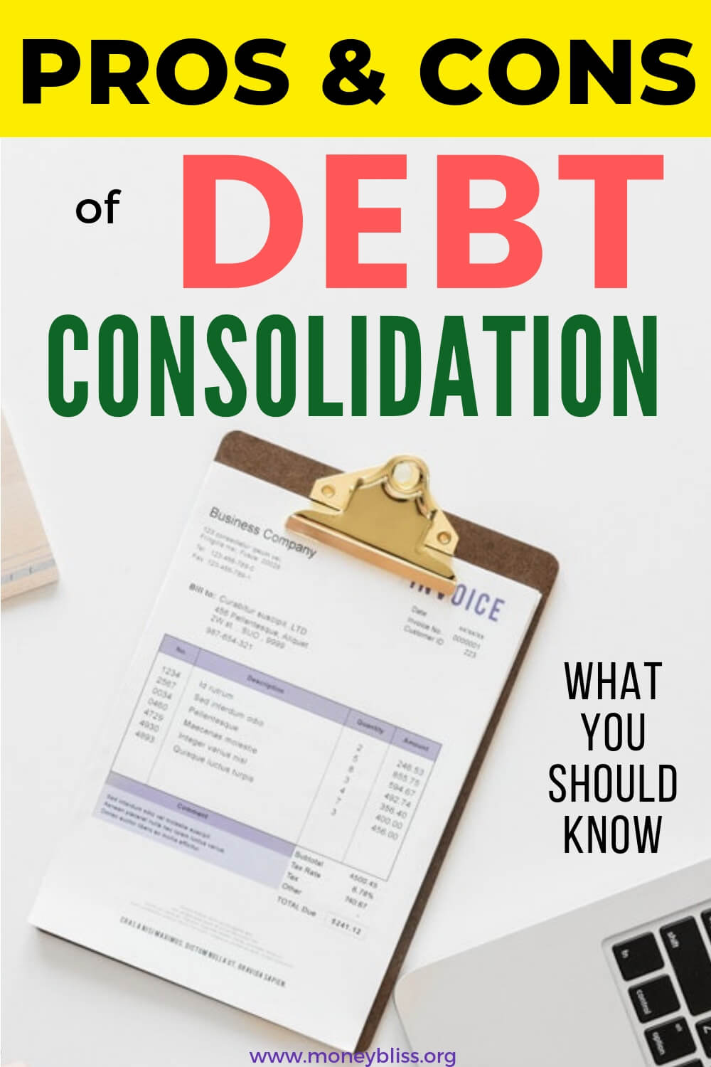 Pros and cons of debt consolidation. Understand the full impact of a loan and working with debt consolidation lenders and companies. Tips on how to get out of debt while saving money on interest. #debt #moneybliss