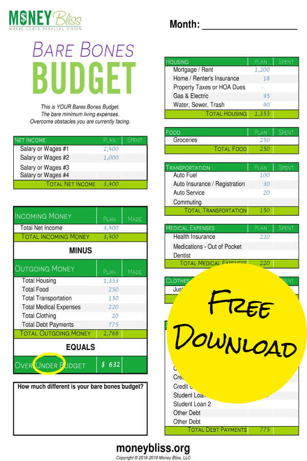 A bare bones budget is just the bare minimum living expenses needed to survive and live. Get your free budget worksheet as a printable. Great money hack plus full of tips to improve your finances.