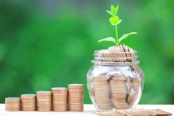 Picture of stacked coins with a plant growing for understanding why a money saving challenge is important.