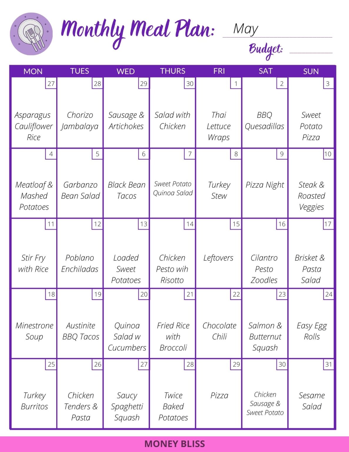 free printable meal calendar planner