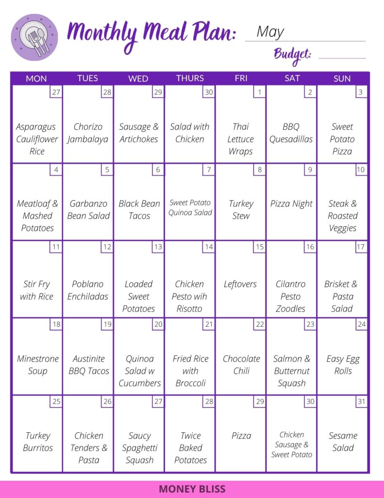 Monthly Meal Planner - Money Bliss