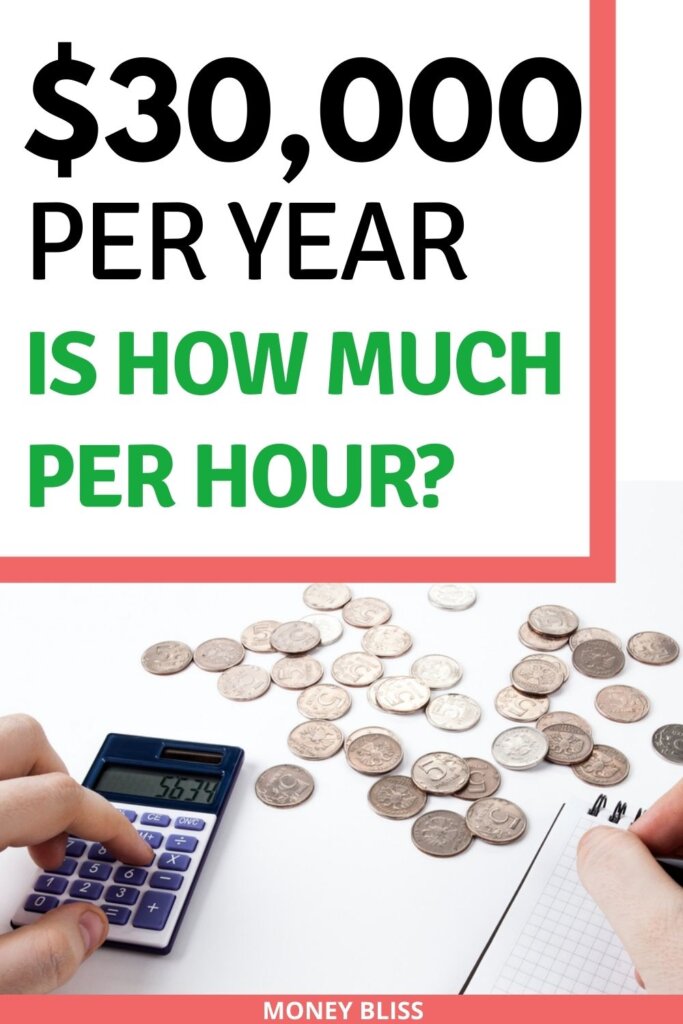 $30,000 a year is how much an hour? Learn how much your 30k salary is hourly. Plus find a 30000 salary budget to live the lifestyle you want. Find out how much you make hourly, daily, weekly, biweekly and monthly. This post from Money Bliss covers single person as well as a family. Is $30k a good salary? Click here and find out.