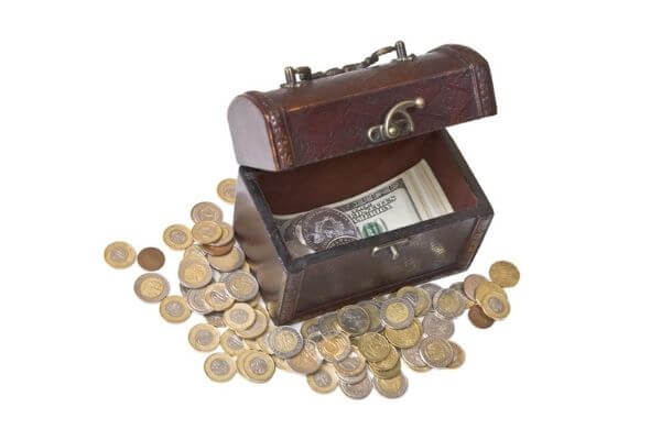 Picture of an old fashion saving bin and coins for hacks for saving money.