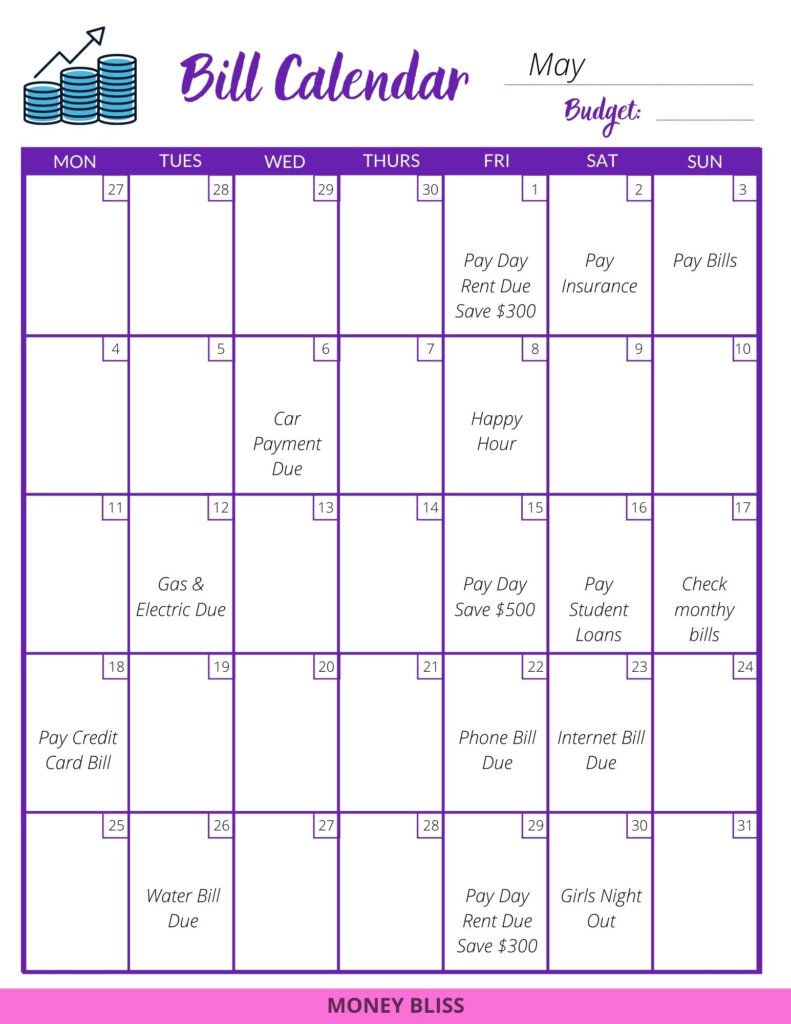 Example of a monthly bill calendar. A simple visual example.