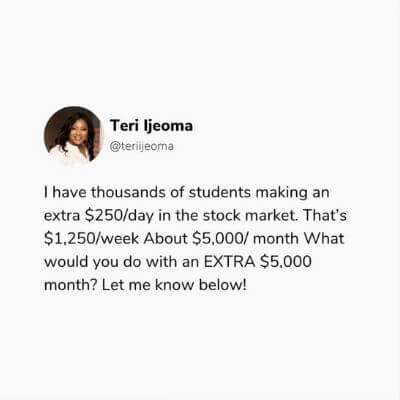 Picture of Teri Ijeoma sharing how much her students have made.