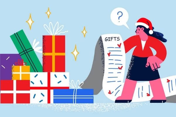 Graphic of presents and a long list of gifts.