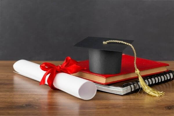 Picture of a graduation cap, diploma, and books for the types of business degrees.