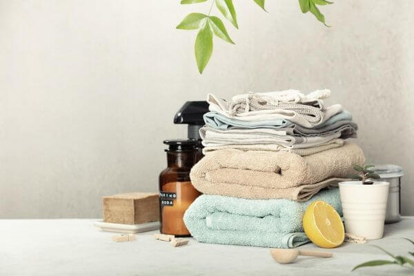 Picture of towels and eco friendly bathroom for frugal green in the bathroom.