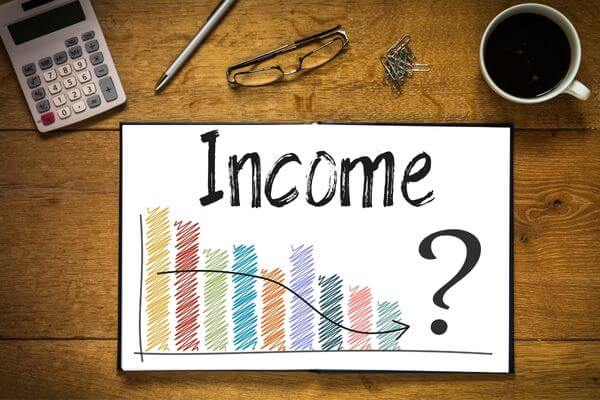 Picture of a drawing with a bar graph and income written on it.