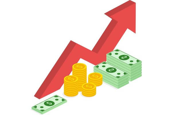 Graphic of an upward arrow with stacks of cash.