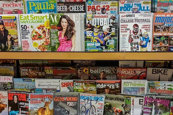 Picture of a new stands with magazines laid out