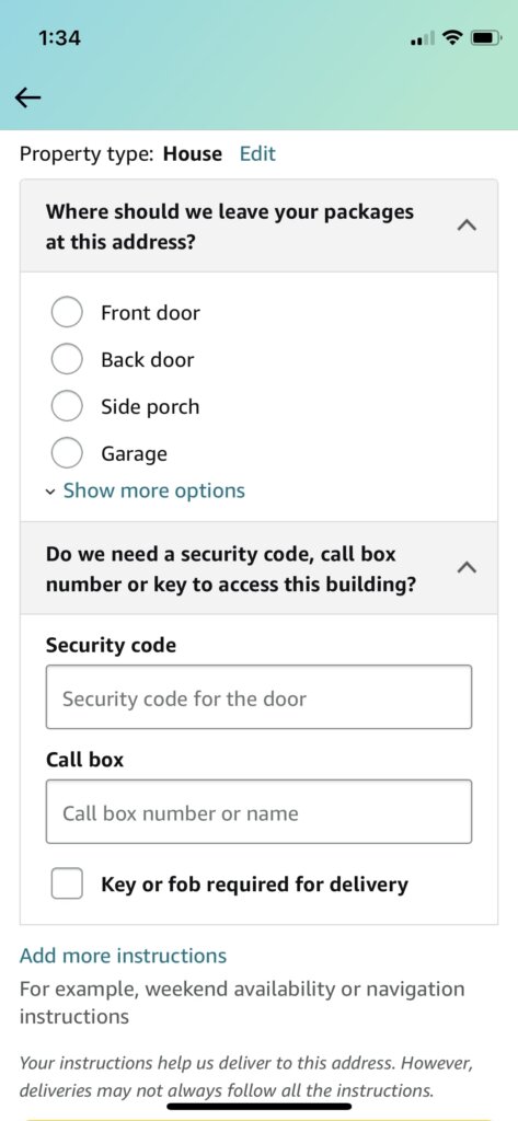 Picture of showing how to select delivery instructions