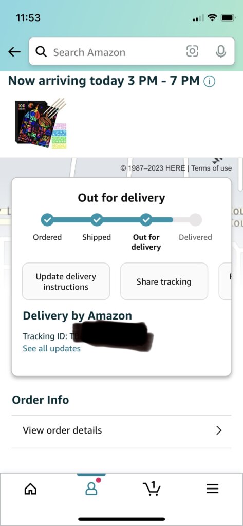 Screenshot of Amazon app to show when will my order be delivered.