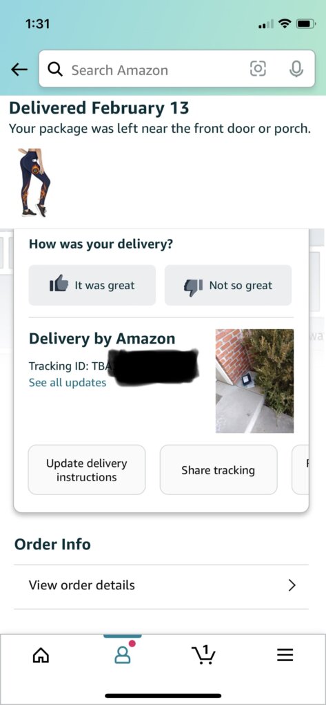 Screenshot of checking tracking info on Amazon app.
