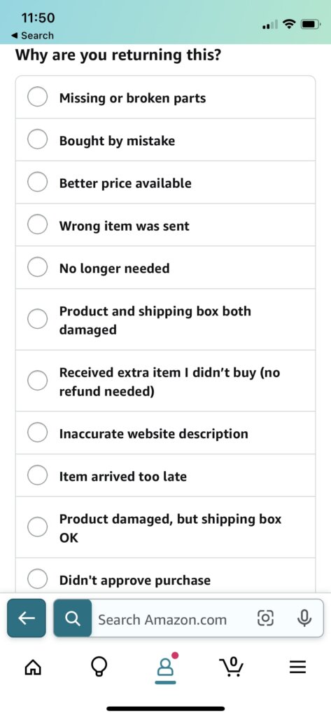 Picture of reasons to make an Amazon return.