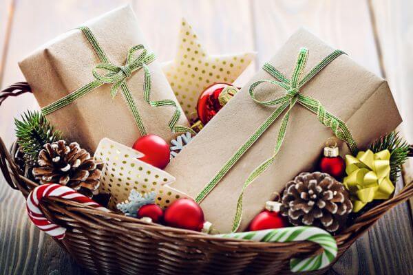 Picture of a wicker basket with presents.