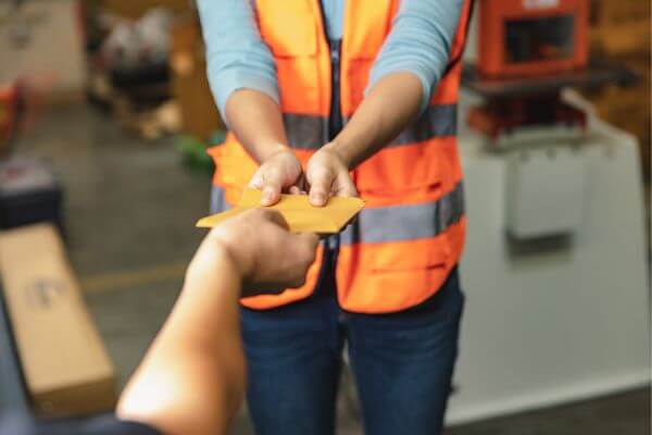 Image of an employee receiving cash inside a brown envelope handed by his employer.