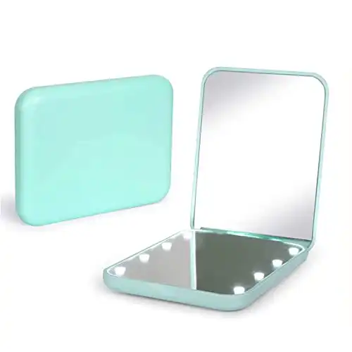 Kintion Compact Makeup Mirror with LED Light, 1X/3X Magnification Lighted Pocket Mirror, 2-Sided, Portable, Folding, Handheld, Small Compact Travel Mirror for Purses, Cyan