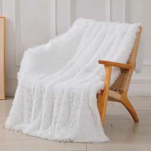 Decorative Extra Soft Faux Fur Throw Blanket 50" x 60",Solid Reversible Fuzzy Lightweight Long Hair Shaggy Blanket,Fluffy Cozy Plush Fleece Comfy Microfiber for Couch Sofa Bed,Pure White