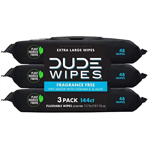 DUDE Wipes - Flushable Wipes - 3 Pack, 144 Wipes - Unscented Extra-Large Adult Wet Wipes - Vitamin-E & Aloe for at-Home Use - Septic and Sewer Safe