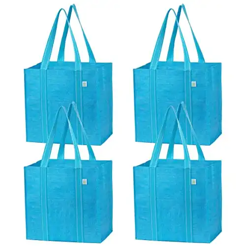 VENO 4 Pack Reusable Grocery Shopping Bag w/Hard Bottom, Foldable, Multi-Purpose Heavy-Duty Tote, Daily Utility Bag, Stands Upright, Sustainable (Cyan, 4 Pack)