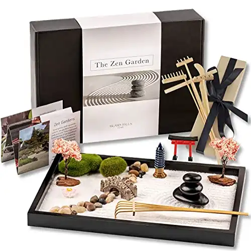 Island Falls Home Zen Garden Kit 11x8in. Beautiful Japanese Mini Rock Garden Gift Set for Home, Office Desk. Zen Sand Garden, 6 Tools, 15 Accessories. Desktop Meditation Room Decor Sand Tray Therapy