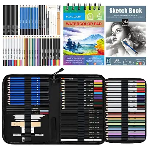 KALOUR 76 Drawing Sketching Kit Set - Pro Art Supplies with Sketchbook & Watercolor Paper - Include Tutorial,Watercolor,Graphite,Colored,Metallic,Pastel,Charcoal Pencil - for Artists Beginners Adu...