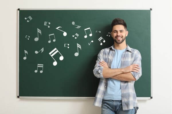 Picture of the man standing in a green board with a notes sign represents as music. 