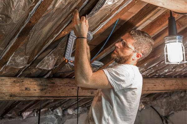 Image of the man fixing something in a ceiling using a machine.