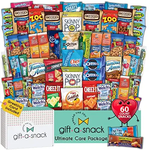 Gift A Snack - Thanksgiving Snack Box Variety Pack Care Package + Greeting Card (60 Count) Candies Gift Basket, Sweet Treat Assortment Stuffers Chips Crackers Bars - Crave Food Birthday College