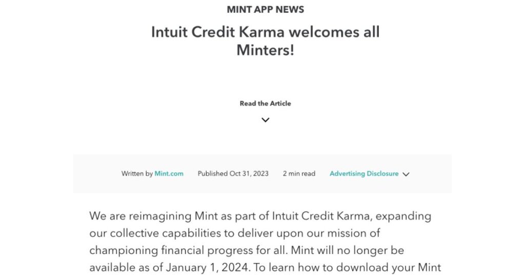 Screenshot of the Mint App news about Mint shutting down and transferring features to Credit Karma.