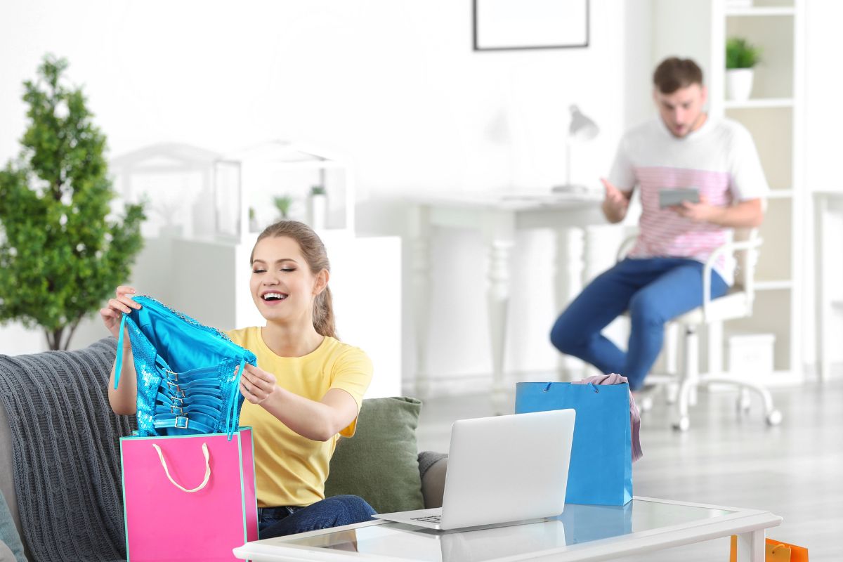 Image of a woman living a lifestyle creep and a shocked man on bills.