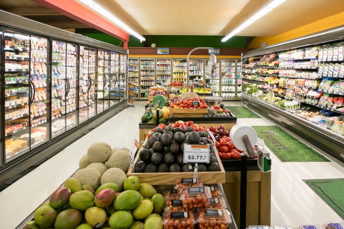 Photo of a store with product displays.