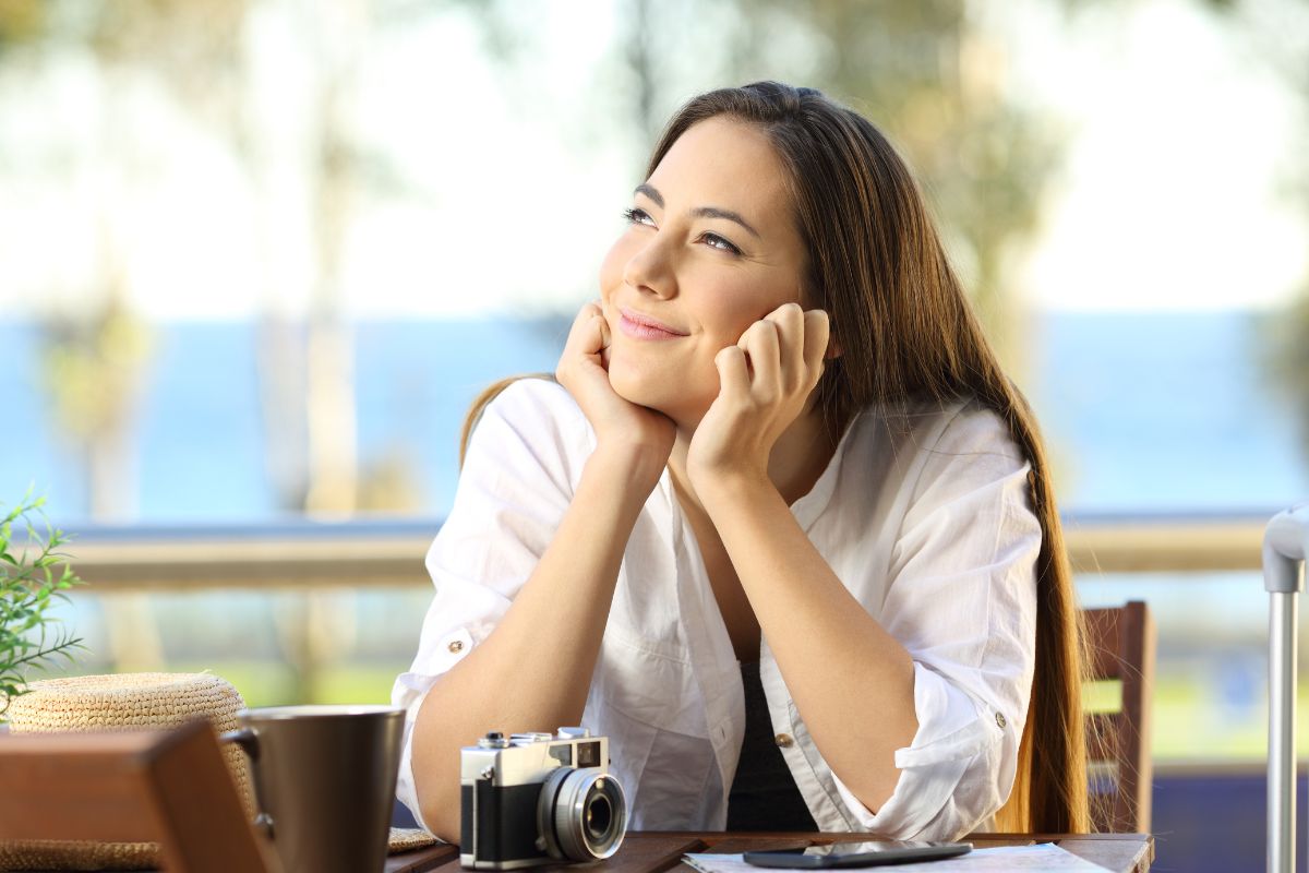 The picture shows a woman dreaming.