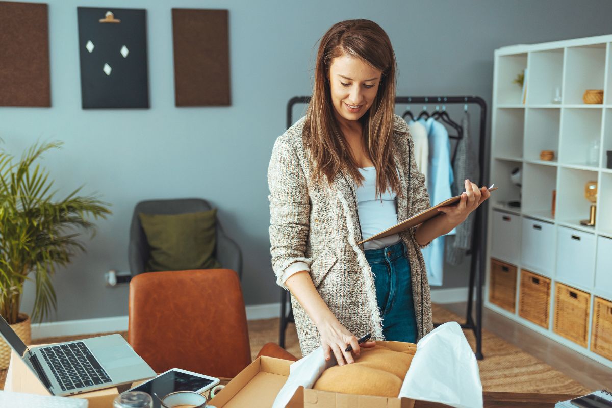 Picture of a woman checking the product.