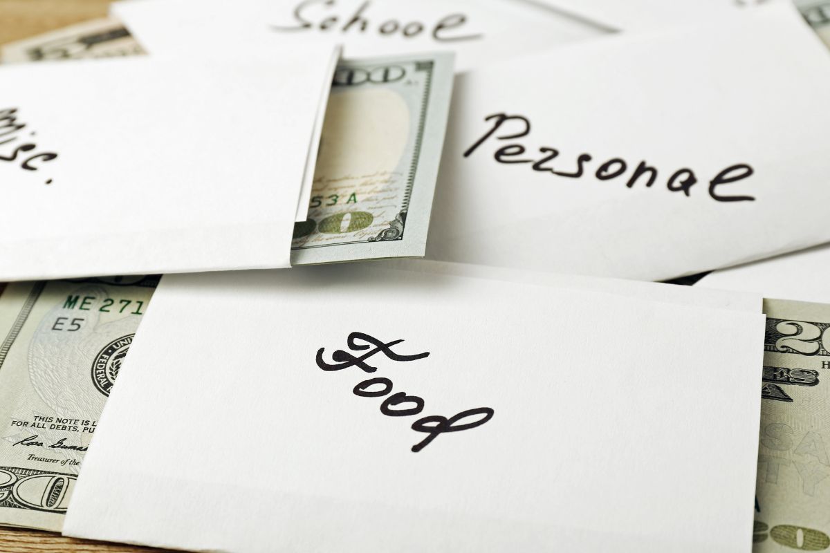 Picture of money with budget categories.