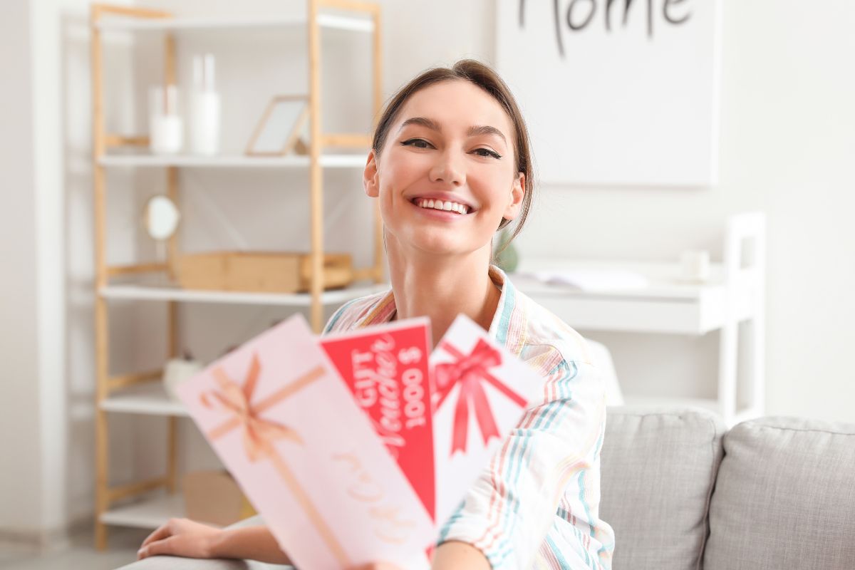 Picture shows a woman holding gift cards.