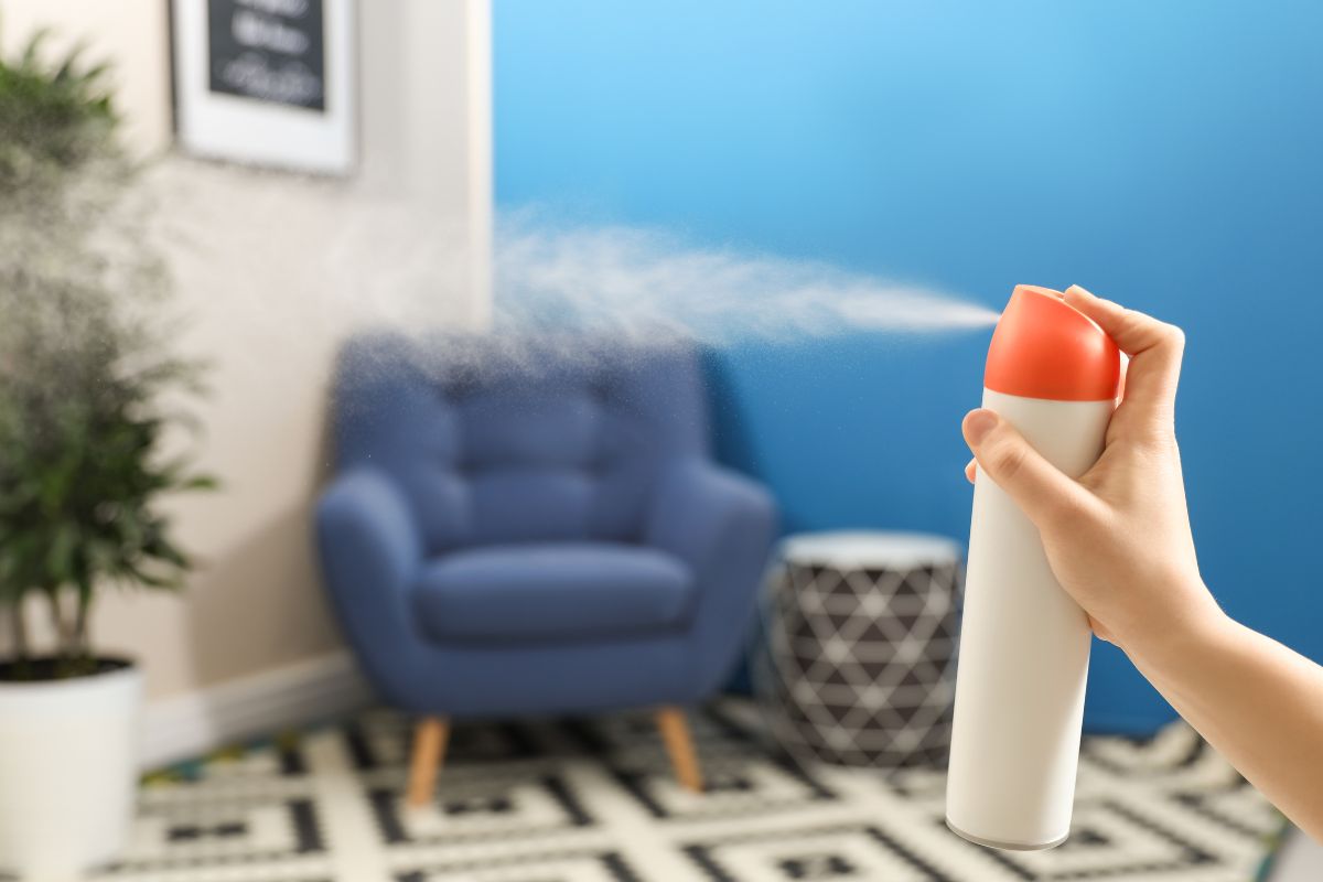 Picture of a woman's hand using an air freshener.