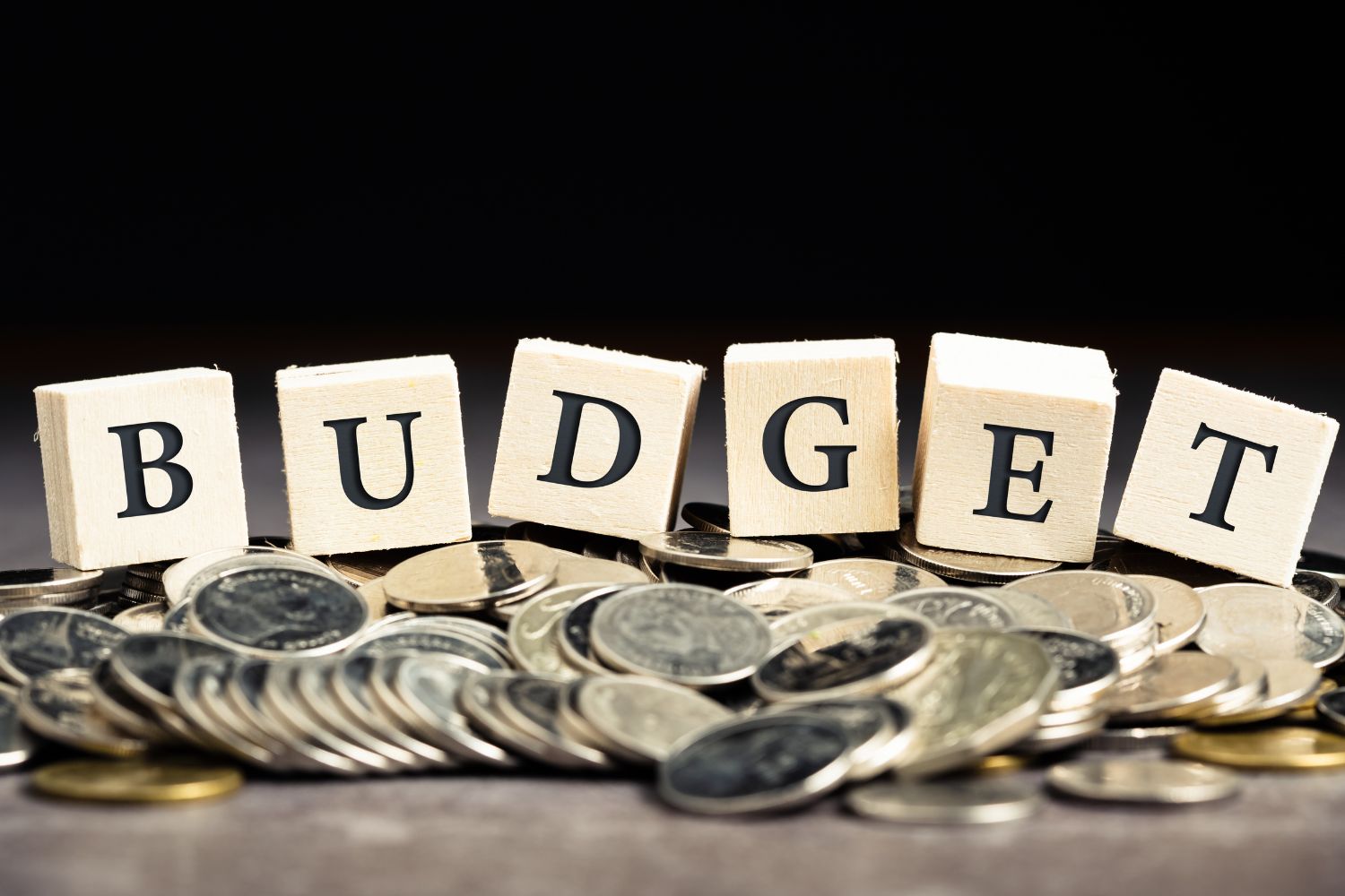 Image of coins and budget wording.