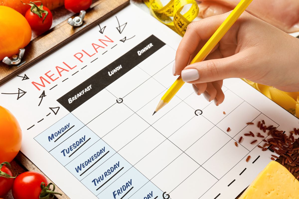 A woman's hand making a meal plan.