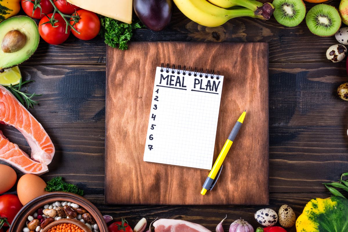 Image of ingredients and paper with meal plan working.