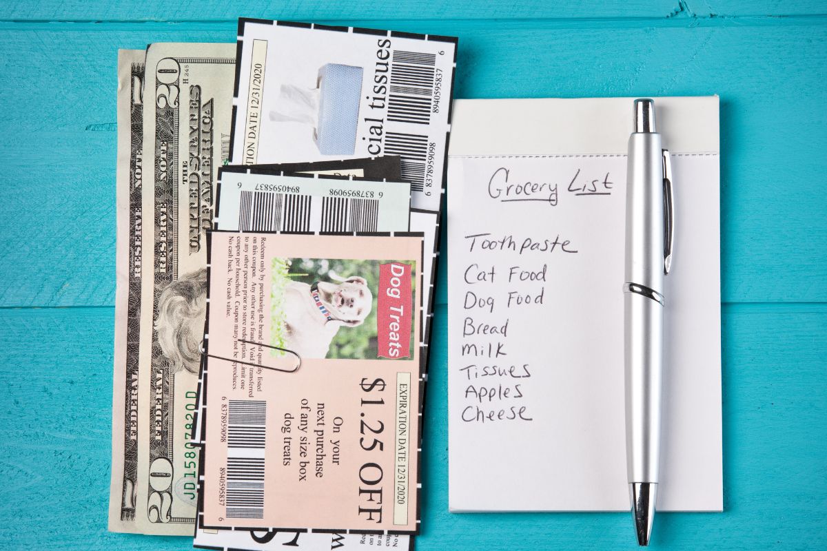 Photo shows a grocery list with coupons and money.