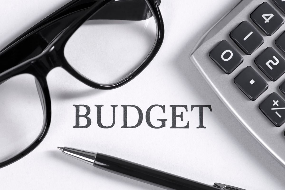 Picture of a calculator and a budget wording.