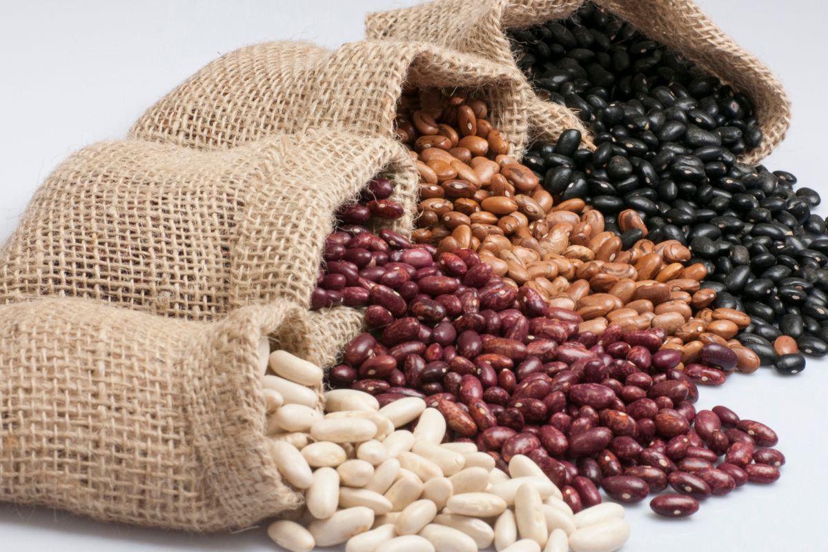 The picture shows sacks of beans.