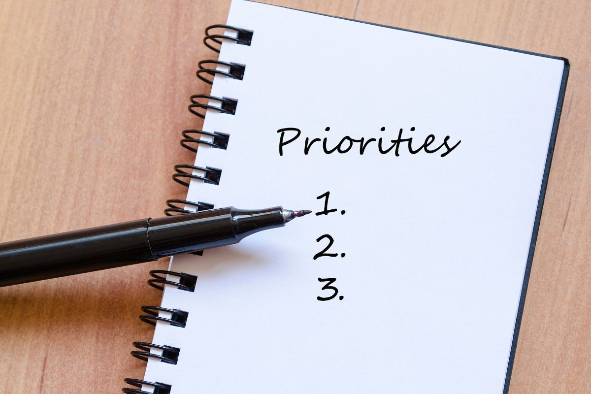 The picture shows a notebook with a priorities list.
