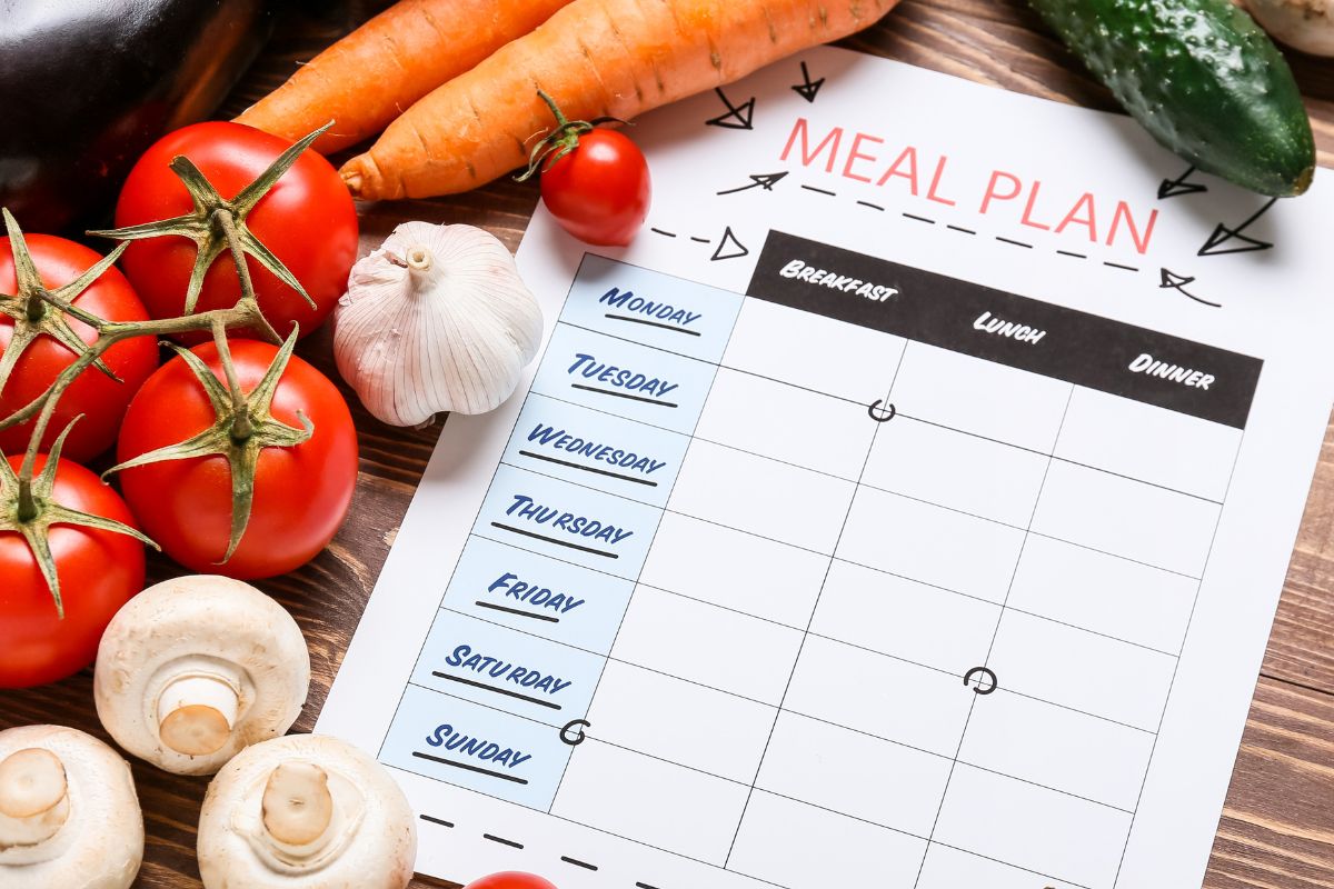 Imagem de vegetais e papel com um plano de refeições.