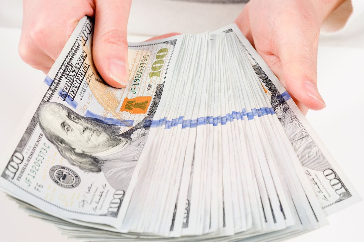 The picture shows a woman's hand holding money.