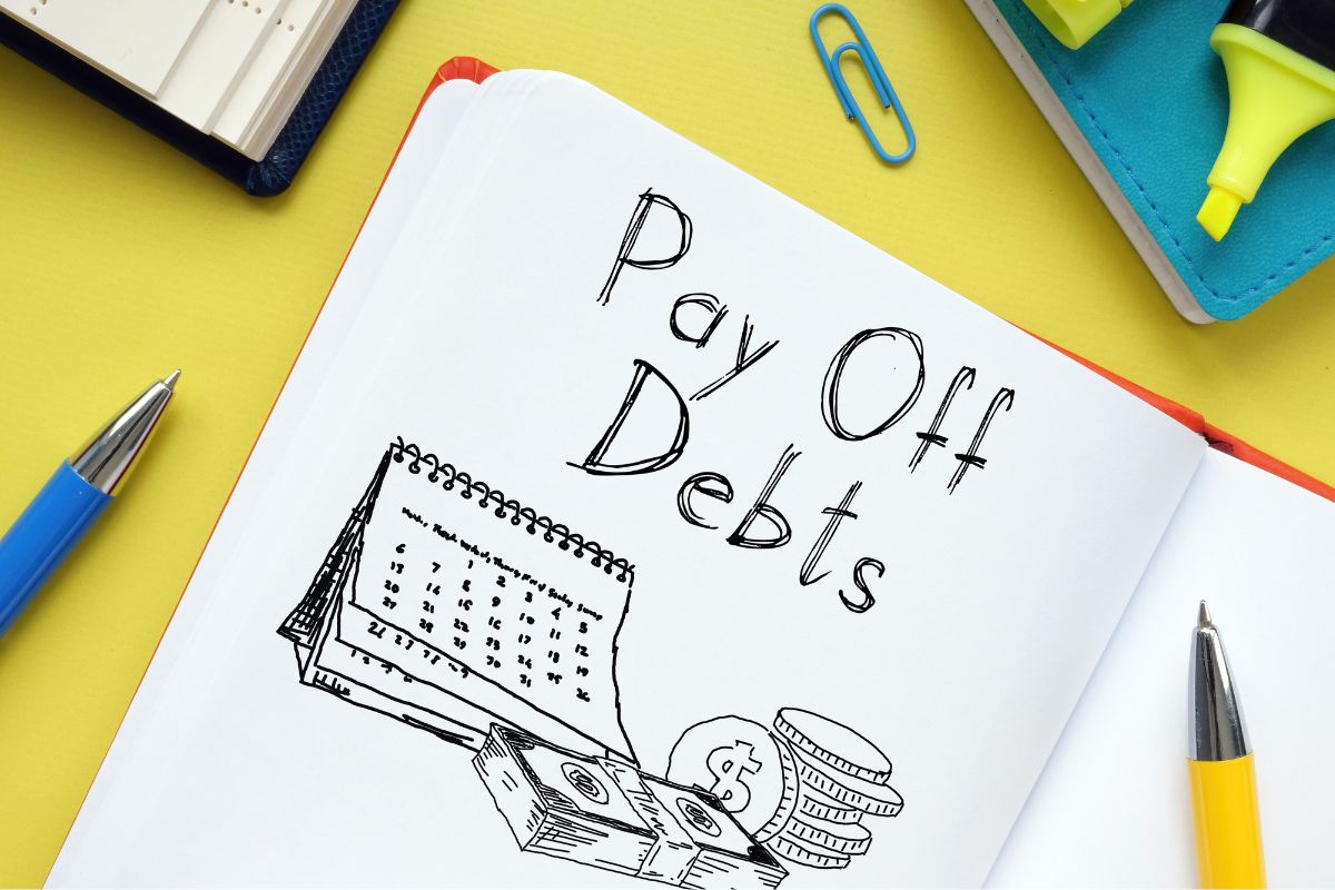 Photo of a notebook with pay-off debt wording.